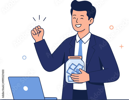 Man holding money jar and celebrating with laptop nearby indoors