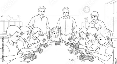 Children in a classroom building toy cars with teachers supervising in a detailed black and white line art illustration