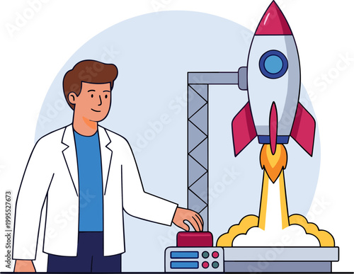 Scientist launching rocket from control panel in laboratory setting with excitement.