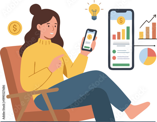 A woman analyzes financial data on her phone at home