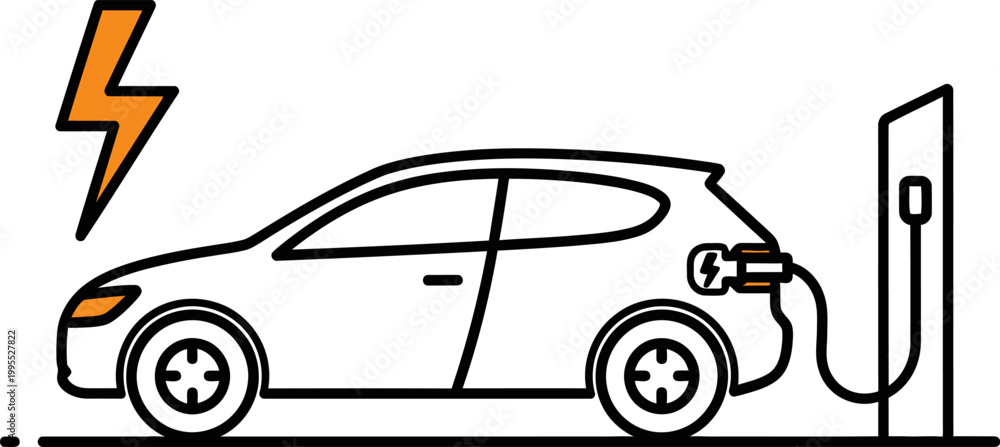 Naklejka premium Minimalist vector illustration of a white electric car charging at a station with an orange lightning bolt icon