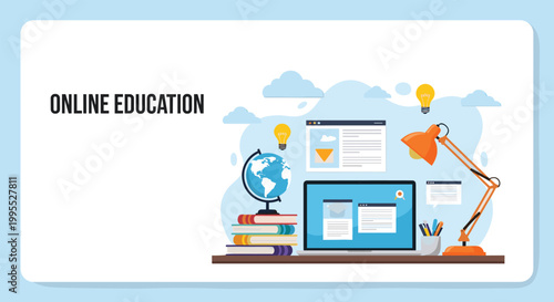 Digital learning workspace with laptop, books, globe, desk lamp, and various educational icons for online courses and e-learning platforms.