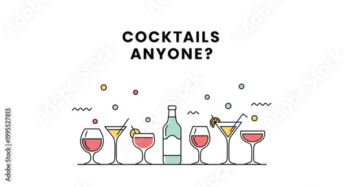 Diverse assortment of colorful cocktails and a bottle with cocktails anyone question mark text for restaurant menu or party invitation designs.