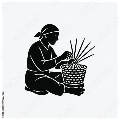 Silhouette of a worker cutting and gathering grass or straw, suitable for agricultural or natural themes.
