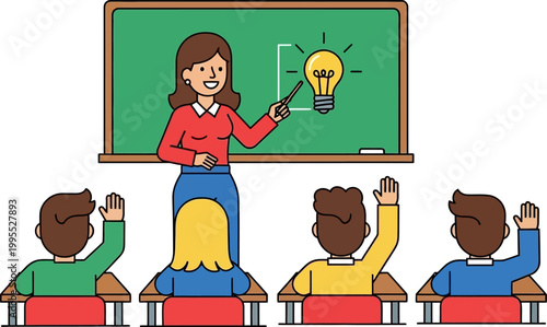 Female teacher pointing at lightbulb on chalkboard in classroom with students raising hands for creative idea concept illustration