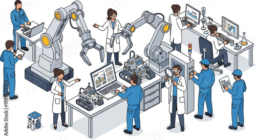 Isometric vector illustration of scientists and engineers working in a modern robotics laboratory with industrial robotic arms
