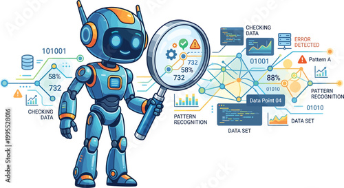 A cartoon robot holds a magnifying glass in front of a complex data set and pattern recognition graphic