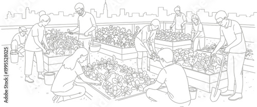 Community urban rooftop garden illustration showing diverse people planting vegetables in raised beds with city skyline background