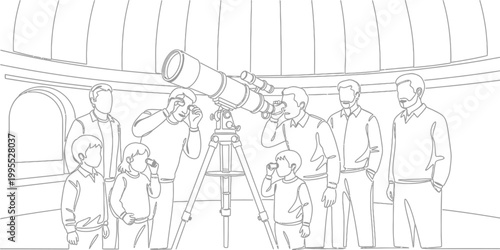 Minimalist continuous line art illustration of a diverse group of people exploring space in an astronomical observatory dome