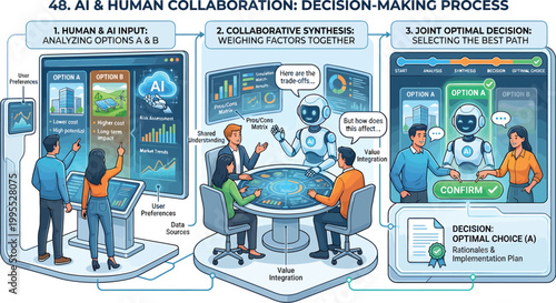 A futuristic illustration depicting the collaborative decision-making process between humans and artificial intelligence in a modern technological environment.