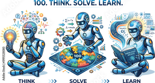 A colorful illustration of robots representing the concepts of thinking, solving, and learning in a creative and innovative way.