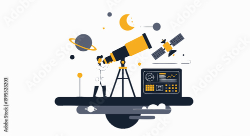 Illustration of a Telescope, Planets, and Satellite in Space.
