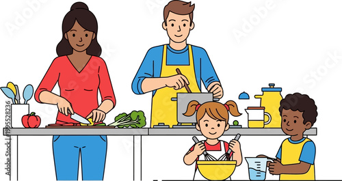Diverse happy family cooking healthy meal together in kitchen flat vector illustration for culinary and lifestyle concepts