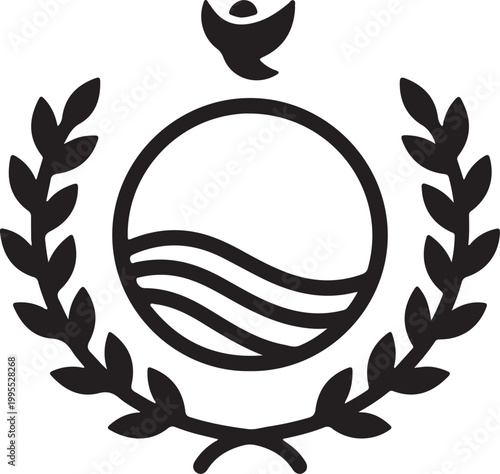 A black and white vector badge featuring a circular sun or water emblem, framed by a laurel wreath and topped with a flying bird symbol.