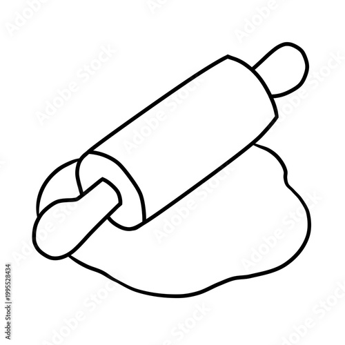 A simple line drawing of a rolling pin flattening a piece of dough.