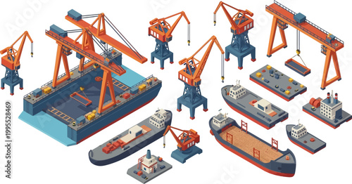 Isometric vector illustration set of port equipment including cargo ships cranes dry dock and maritime transport icons