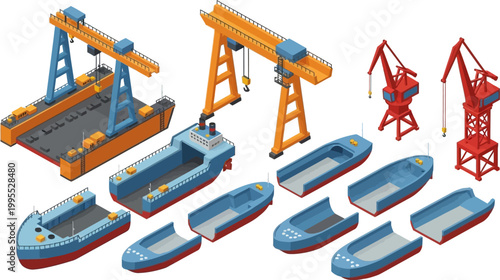 Isometric vector illustration set of shipyard equipment including gantry cranes cargo ships barges and dry dock facilities