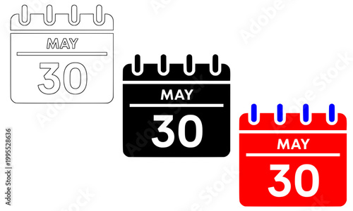 May 30th calendar icon set in outline, black, and red-blue styles, perfect for Memorial Day, event scheduling, date reminders, and modern app UI designs.