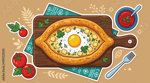 Traditional cheese bread boat with egg and herbs on wooden board food vector illustration