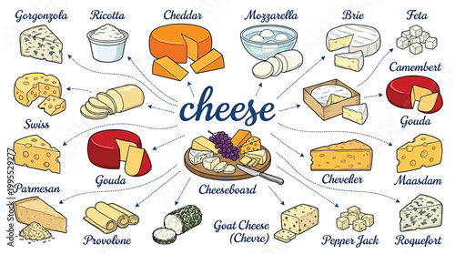 Varieties of Cheese Infographic Featuring Various Types of Gourmet Dairy Products and Appetizer Selection
