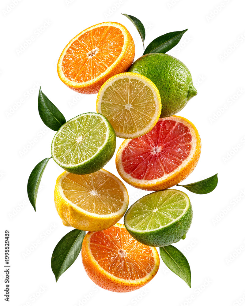Fototapeta premium Floating sliced citrus fruits with orange, lemon, lime and grapefruit on transparent background