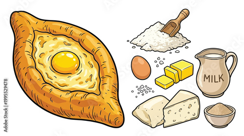 Traditional Cheese Bread with Egg and Baking Ingredients Illustration for Cooking and Menu Design