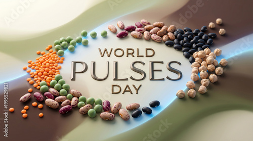 Diverse world pulses arranged creatively with 'World Pulses Day' text, healthy food concept