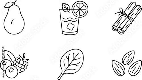 Collection of health and fitness icons including avocado pear spinach and athletic shoe.