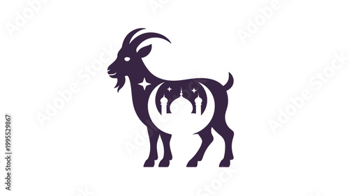 Goat silhouette with mosque and crescent moon negative space design for eid aladha celebration