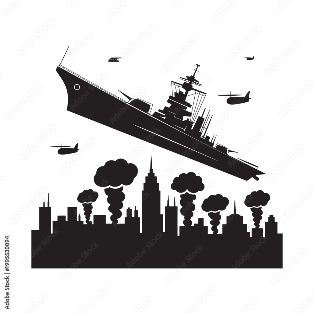Obraz premium A black silhouette of a warship looms over a city under attack