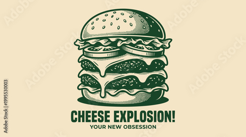 Retro Style Double Cheeseburger Illustration with Melting Cheese and Halftone Texture for Restaurant Menu