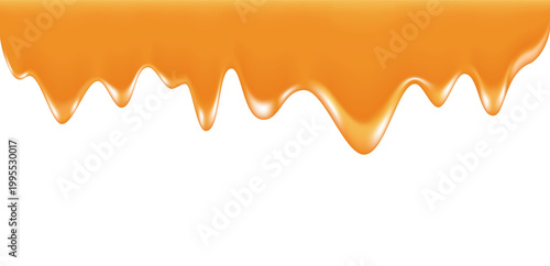 Glossy Orange Liquid Dripping Downward with Dynamic Curved Pattern, Shiny Reflective Surface, and Realistic Viscous Flow Evoking Honey, Syrup, or Caramel on Clean White Background