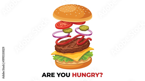 Deconstructed cheeseburger illustration with floating fresh ingredients and text on white background