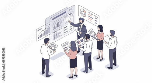 Business people discussing data charts.