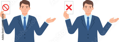 A businessman illustrates opposing concepts with 'no' and 'yes' symbols on white cards showcasing choices and decision making processes