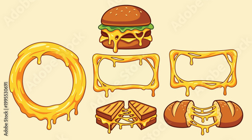 Delicious Fast Food Illustration Set with Melting Cheese Frames Burger and Toasted Sandwiches