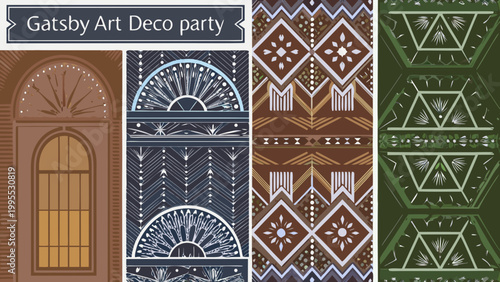 A collection of art deco patterns and architectural details evoking a 1920s aesthetic