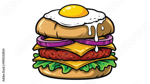 Gourmet Beef Cheeseburger with Fried Egg Red Onion and Lettuce Vector Illustration Isolated on White