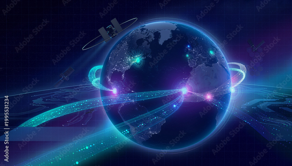 Obraz premium Global Digital Network and Data Flow Across Earth's Continents, Illuminated by Satellites and Advanced Telecommunication Systems