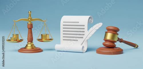 3D Law and Justice Concept with Scales Gavel and Document Scroll with Quill for Legal Services Lawyer Websites Courtroom Presentations and Jurisprudence Graphic Design Projects