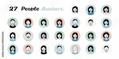 A collection of twenty seven diverse minimalist avatar illustrations displayed in oval frames
