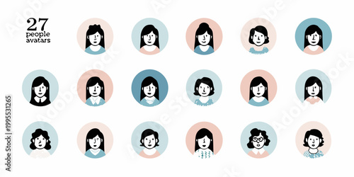 Collection of diverse female avatars displayed in oval frames with muted color palettes