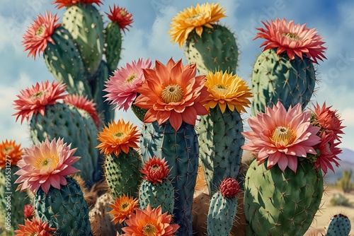 Close-up of vibrant cactus flowers against a clear blue sky