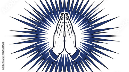 Graphic illustration of two hands folded in prayer with a blue radiant starburst background