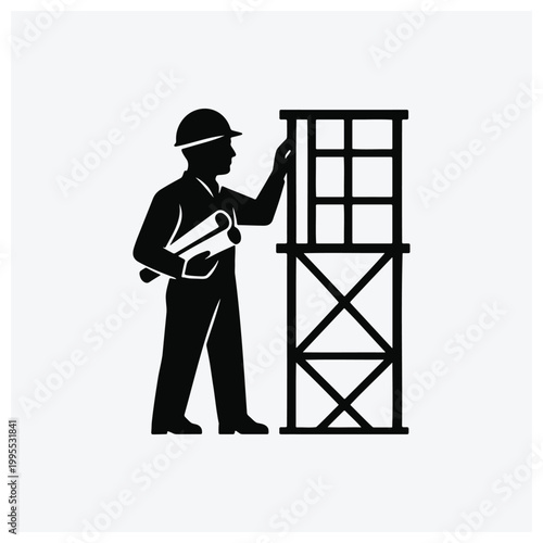 Construction worker working on scaffolding silhouette icon