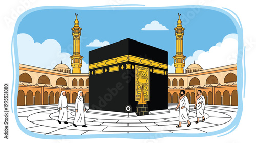 Grand Mosque Holy Kaaba in Mecca Illustration for Hajj and Umrah Pilgrimage Concepts