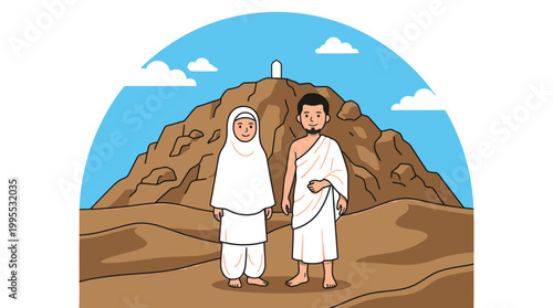 Muslim Couple Performing Hajj or Umrah Pilgrimage Vector Illustration at Arafat Mountain Desert Landscape