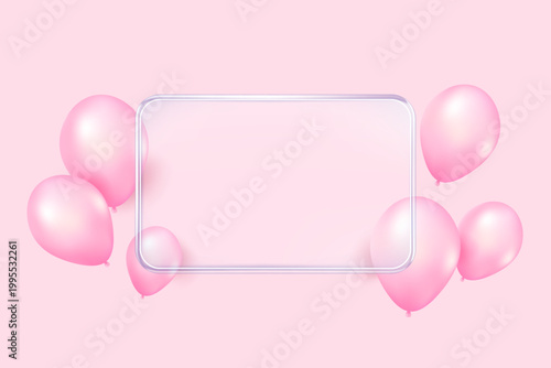 Transparency glass banner label with 3D pink pastel balloon. Discount offer tag with shiny, glossy glassmorphism reflective surface.