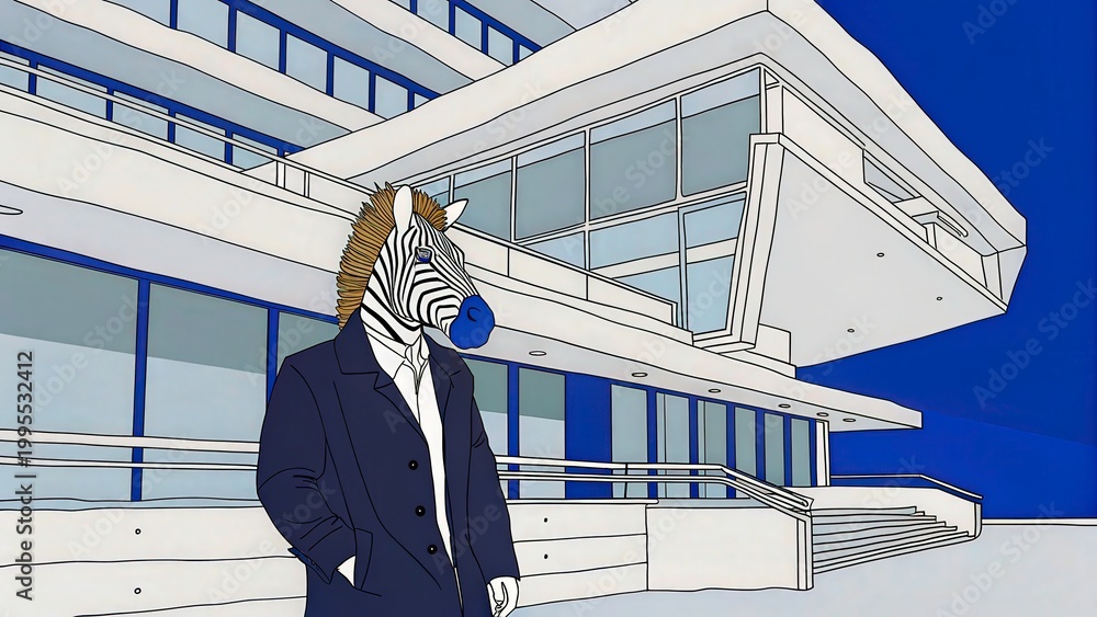 Fototapeta premium Zebra character in a suit stands outside a modern building with blue sky above