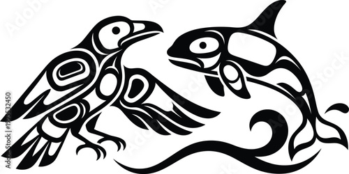 Canvastavla Indigenous style raven and orca totem artwork with Pacific Northwest tribal elements